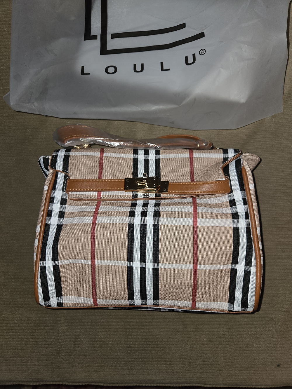 Loulu Plaid Top-Handle Satchel in Beige with Tan Trim